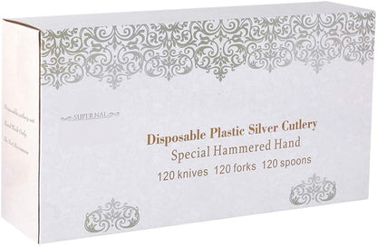 Supernal 360pcs Silver Plastic Cutlery,Elegant Plastic Silverware,Silver Hammed Silverware,Disposable Flatware,Include 120 Forks,120 Knvies,120 Spoons,Perfect for Birthday,Party,Wedding