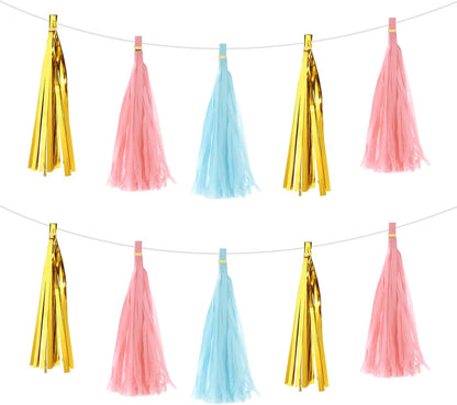 MECCANIXITY 15Pcs Light Blue Tassel Garland Banner with Rope Tissue Paper Tassels Party DIY Kits for Anniversary Wedding Birthday Party
