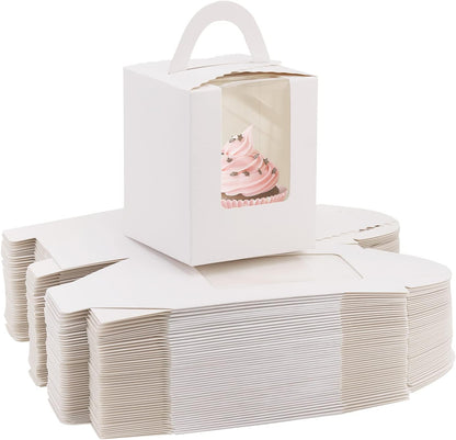 acDesign 100Pcs Cupcake Boxes With Window 3.6in*3.6in*4.3in Single Individual Cupcake Boxes With Handle and Inserts for Wedding Birthday Party Treats Gift,Black