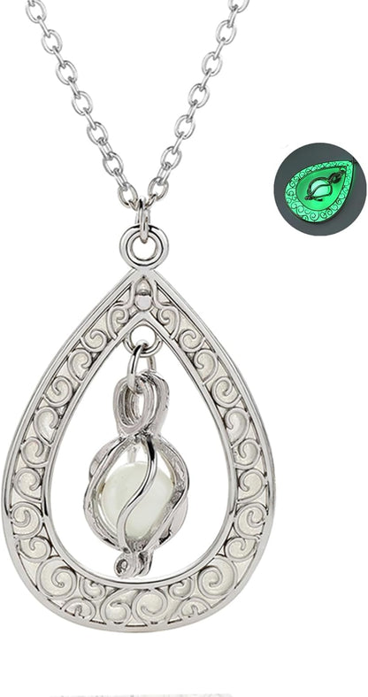 EEQQBZ Glow in The Dark Silver Teardrop shape necklace,Fantasy Glowing Jewelry Charm