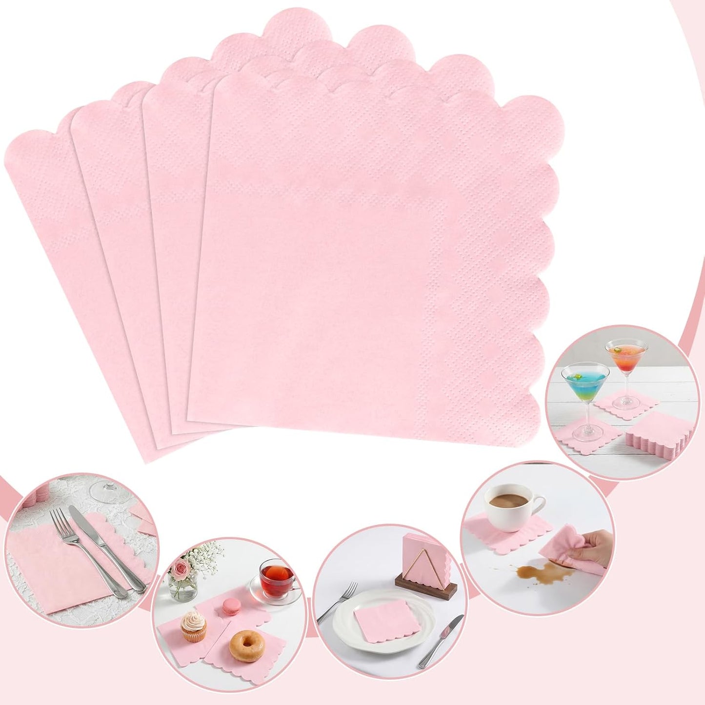 NatNarr 120 Pcs Cocktail Napkins Pink Mothers Day Paper Napkins Light Pink Dessert Beverage Napkin Cute Scalloped Party Napkin for Baby Bridal Shower, Birthday, 5 x 5 Inch