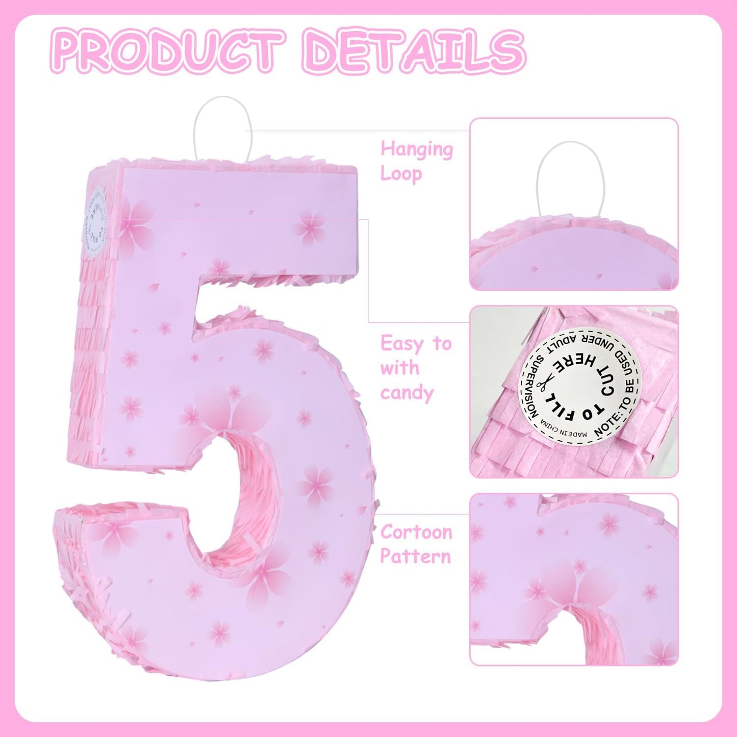 Pink Number 4 Piñata with Pinata Stick & Blindfold for Kids Girls Boys 4th Birthday Party Decorations Carnival Games with Hair Claw Clip Gift (Number 4)