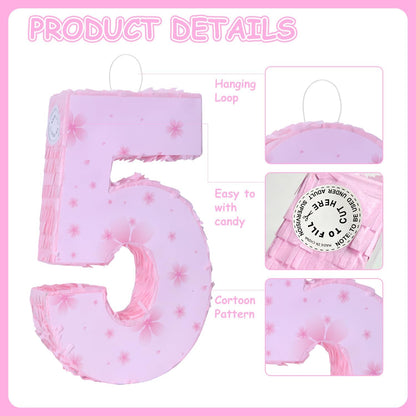 Pink Number 4 Piñata with Pinata Stick & Blindfold for Kids Girls Boys 4th Birthday Party Decorations Carnival Games with Hair Claw Clip Gift (Number 4)