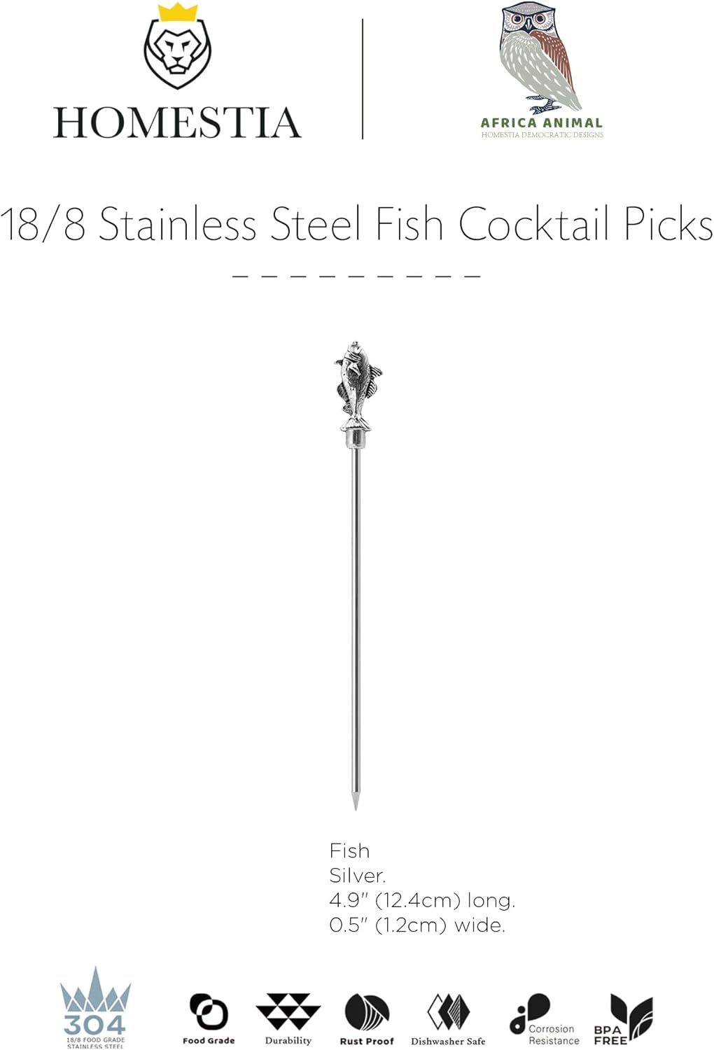Homestia Stainless Steel Cocktail Picks, 4.7 Inch Reusable Martini Olive Picks, Metal Garnish Skewers for Drinks, Appetizers, Bloody Mary - Set of 6 Metal Cocktail Picks for Party Bar