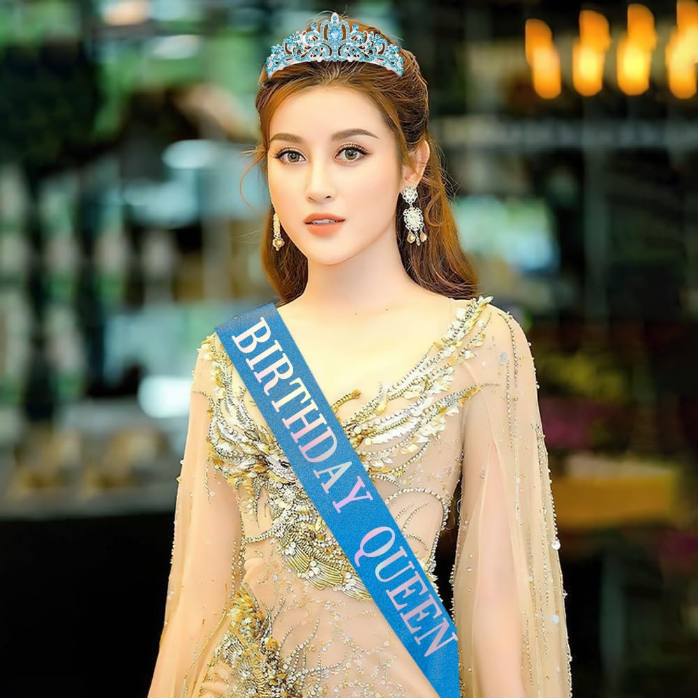 Birthday Sash for Women,Birthday Crown Tiaras for Women,Gold Rhinestone Queen Sash and Crown Tiara Headband for Party Decorations