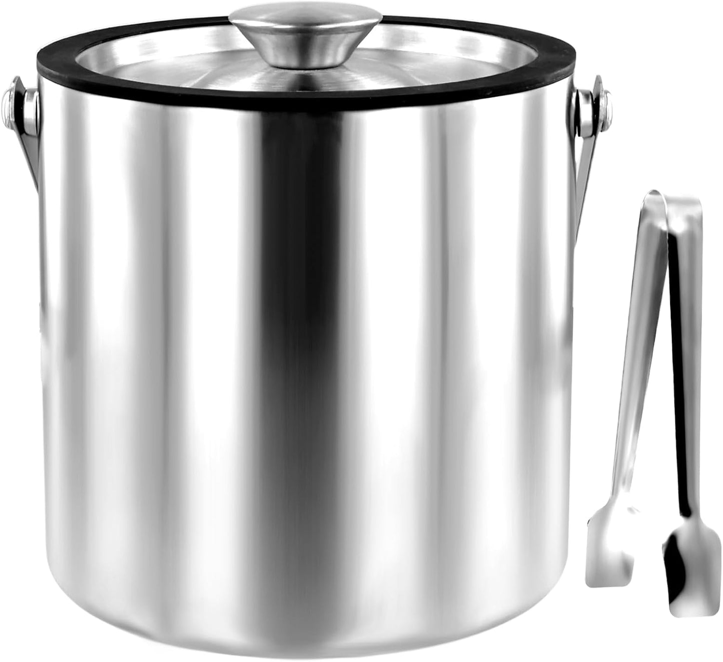 Ice Bucket with Lid Strainer Tong,2QT Double Walled Stainless Steel Insulated Ice Bucket Container,Good Sealing Ice Cube Bucket with Cover for Chilling Beer Cocktail Bar Parties