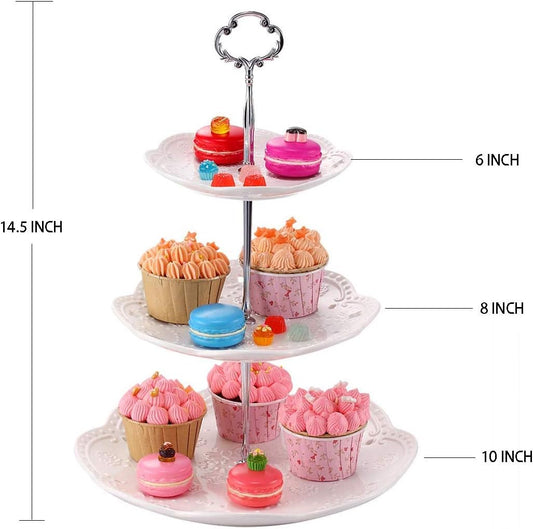 3-Tier Porcelain Cupcake Stand Serving Tray - White Embossed Elegant Dessert Cake Stand - Pastry Serving Stand for Tea Party, Wedding and Birthday