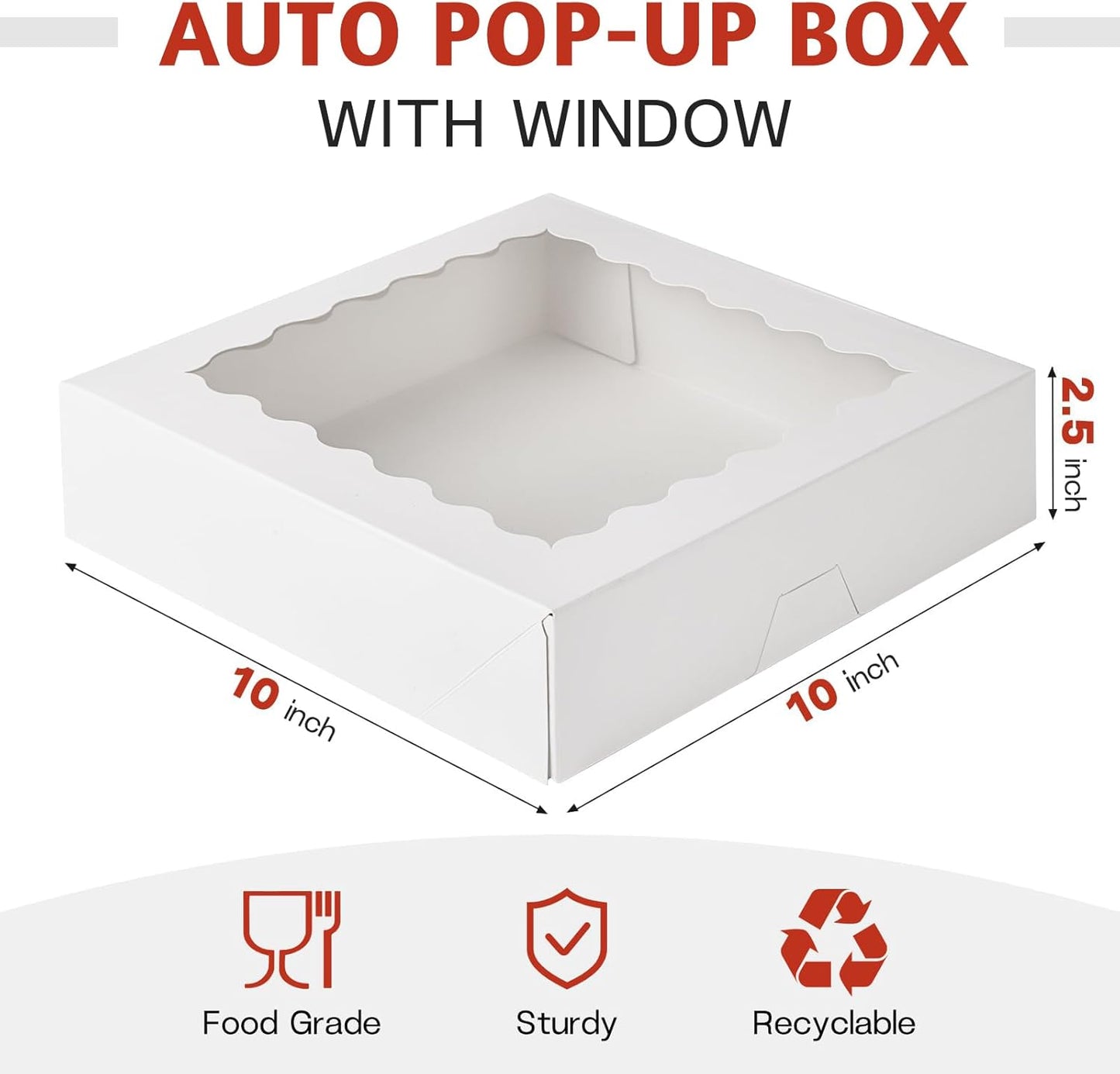 ZORRITA 30 Pack Auto Pop-up Cookie Boxes with Window, 12" x 8" x 2.5" White Bakery Boxes Treat Boxes for Chocolate Covered Strawberries, Breakable Heart, Sugar Cookies, Cake Pops, Donuts, Pastries