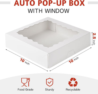 ZORRITA 30 Pack Auto Pop-up Cookie Boxes with Window, 12" x 8" x 2.5" White Bakery Boxes Treat Boxes for Chocolate Covered Strawberries, Breakable Heart, Sugar Cookies, Cake Pops, Donuts, Pastries
