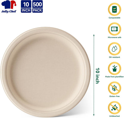 JOLLY CHEF Compostable Heavy Duty Plates 𝟭𝟬 𝗜𝗻𝗰𝗵 [𝟯𝟬𝟬 𝗣𝗮𝗰𝗸] Eco-Friendly Disposable Paper Plates Made of Bagasse Biodegradable Bulk for Party Dinner Sugarcane Thanksgiving Day (Natural)