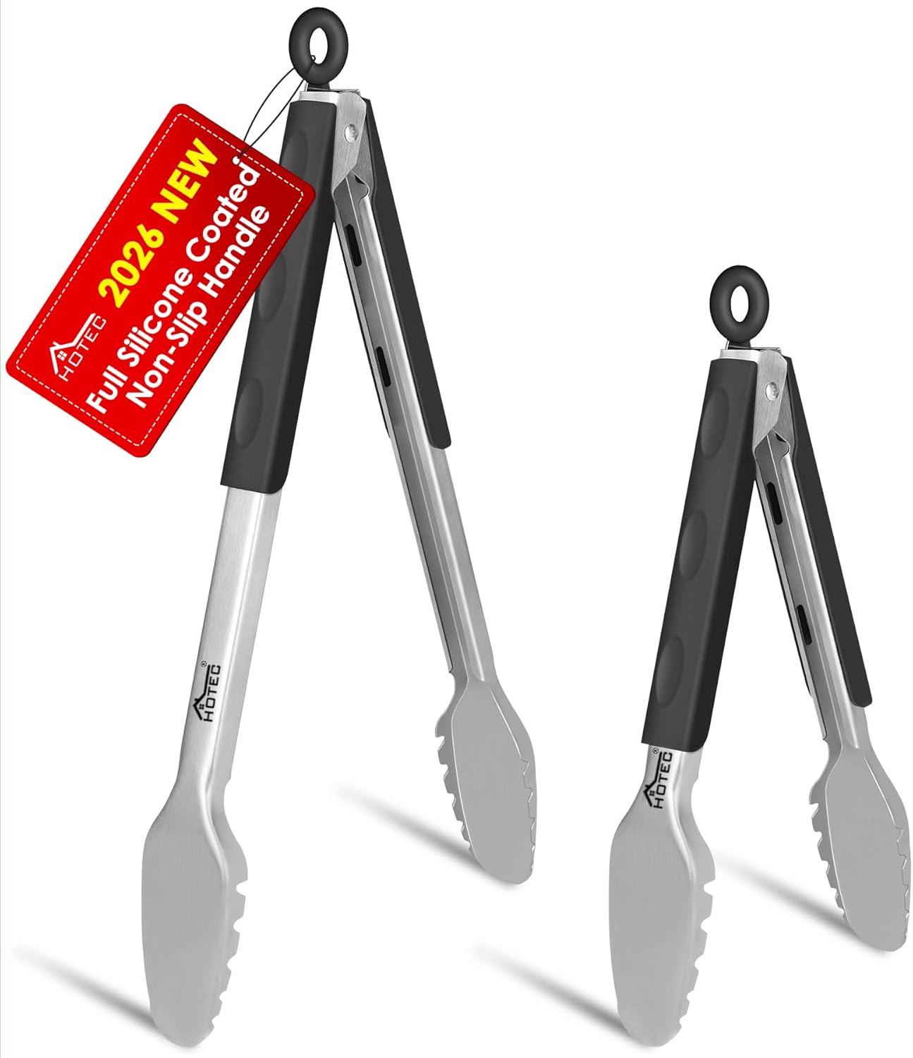 Hotec Stainless Steel Kitchen Tongs, Set of 2-9", Locking Metal Food Tongs for Cooking, Serving, BBQ, Grill Non-Slip Grip