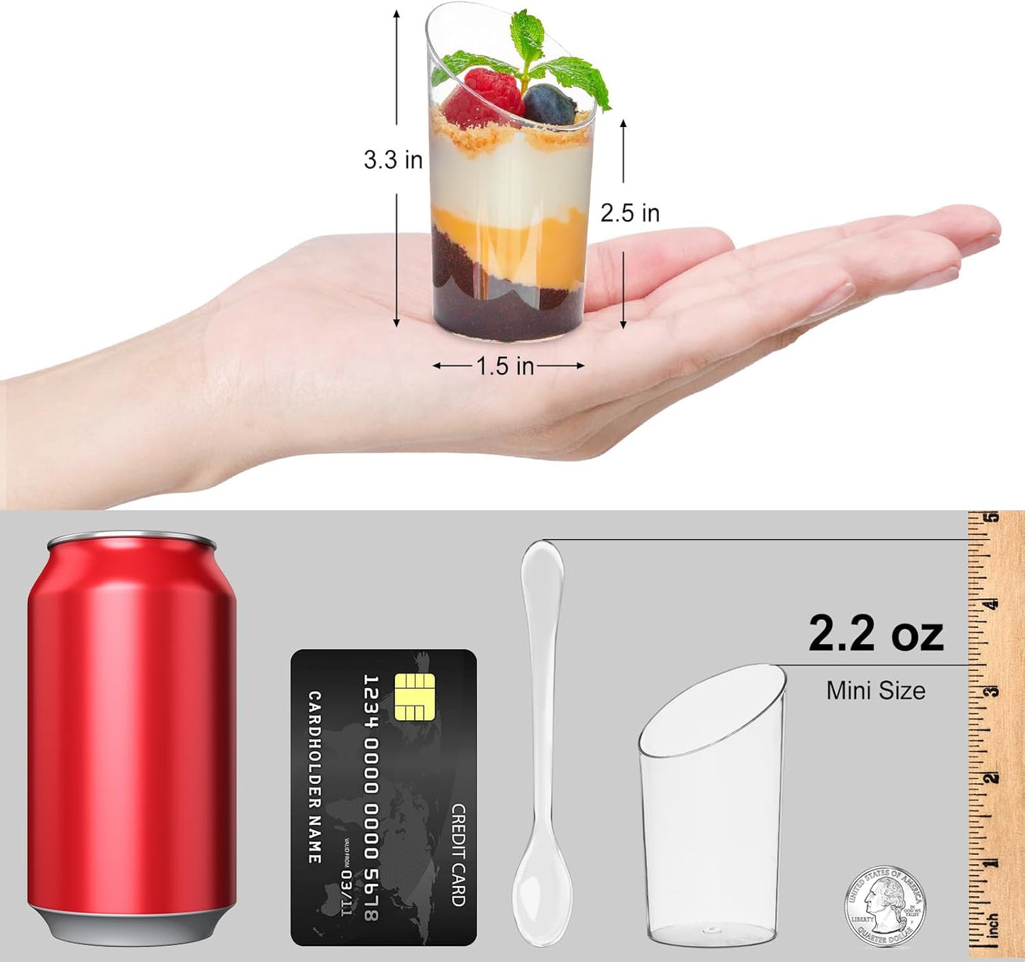 TOFLEN 100 Pack Mini Dessert Cups with Spoons, 2.2 oz Round Plastic Dessert Shooter Cups Slanted Appetizer Cups for Party Serving Jello Parfait Triffle