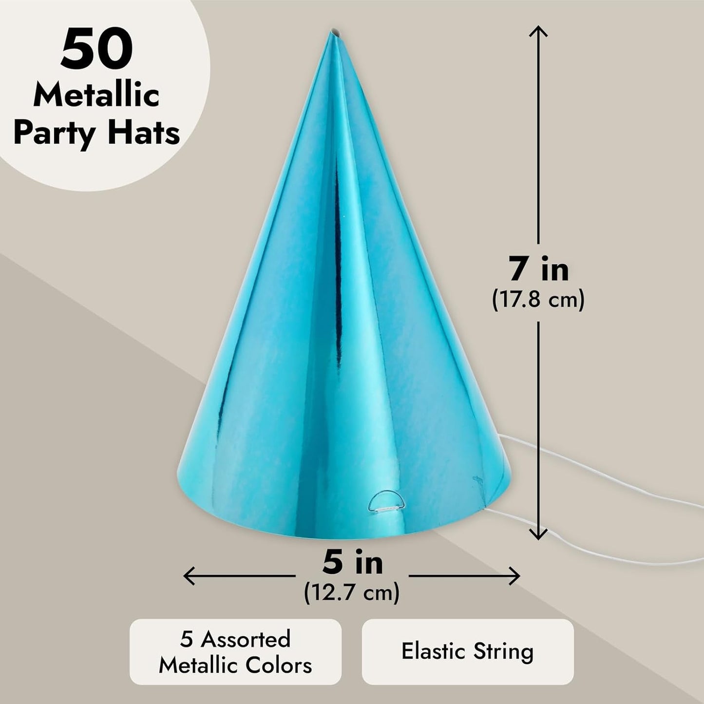 BLUE PANDA Party Hats - 50 Pack, Metallic Blue/Green/Gold/Silver/Hot Pink, Cone - Bulk Set for Kids & Adults