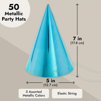 BLUE PANDA Party Hats - 50 Pack, Metallic Blue/Green/Gold/Silver/Hot Pink, Cone - Bulk Set for Kids & Adults