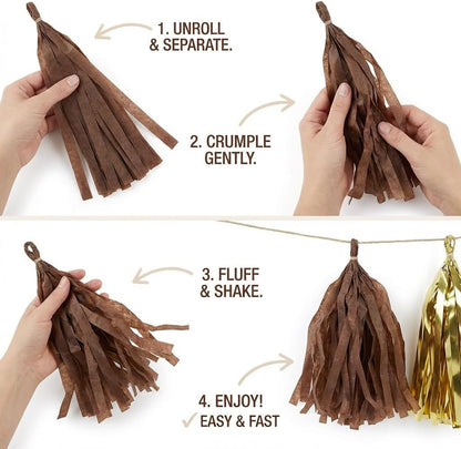 20-Pack Brown and Gold Party Decorations Tissue Tassel Garland Beige Nude Bunting Sign Streamers for Rustic Neutral Espresso Baby Shower Western Cowboy Birthday Graduation Bachelorette Wedding