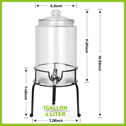 1 Gallon Beverage Dispenser 2 Pack, Stainless Steel Spigot Drink Dispenser for Parties with Stand, Clear Glass Drink Container Easy to Refill and Clean