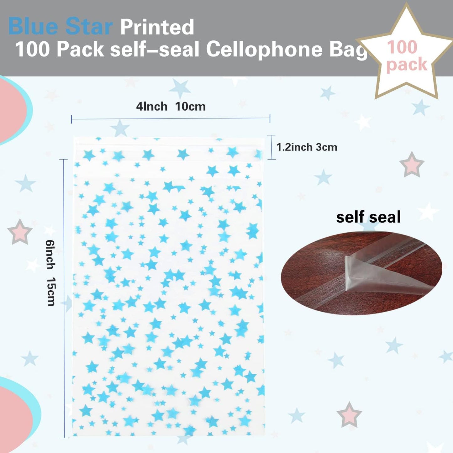 100 Pcs Star Printed 5"X 7" Gift Wrap Cello Cellophane Treat Bags Party Favor bags Clear Candy Cookie Bag Plastic Poly Goodie Storage Bag with Twist Ties for Bakery,Birthday, Wedding ,Party Decorations (Gold)