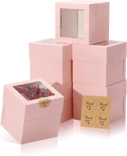 COTOPHER 4Pcs 6x6x6 Inches Mini Cake Boxes, Pink Square Bakery Boxes with Window, Small Cake Containers for Pastries, Cookies, Chocolates, Cupcakes, Birthday Party Cajas Pasteles