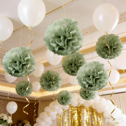 9-Pack Sage Green Tissue Paper Flower Pom Poms Decorations - 12" 10" Sage Hanging Paper Party Decor for Bridal Shower, Baby Shower, Birthday, Wedding, Nursery Room, Backdrop Supplies