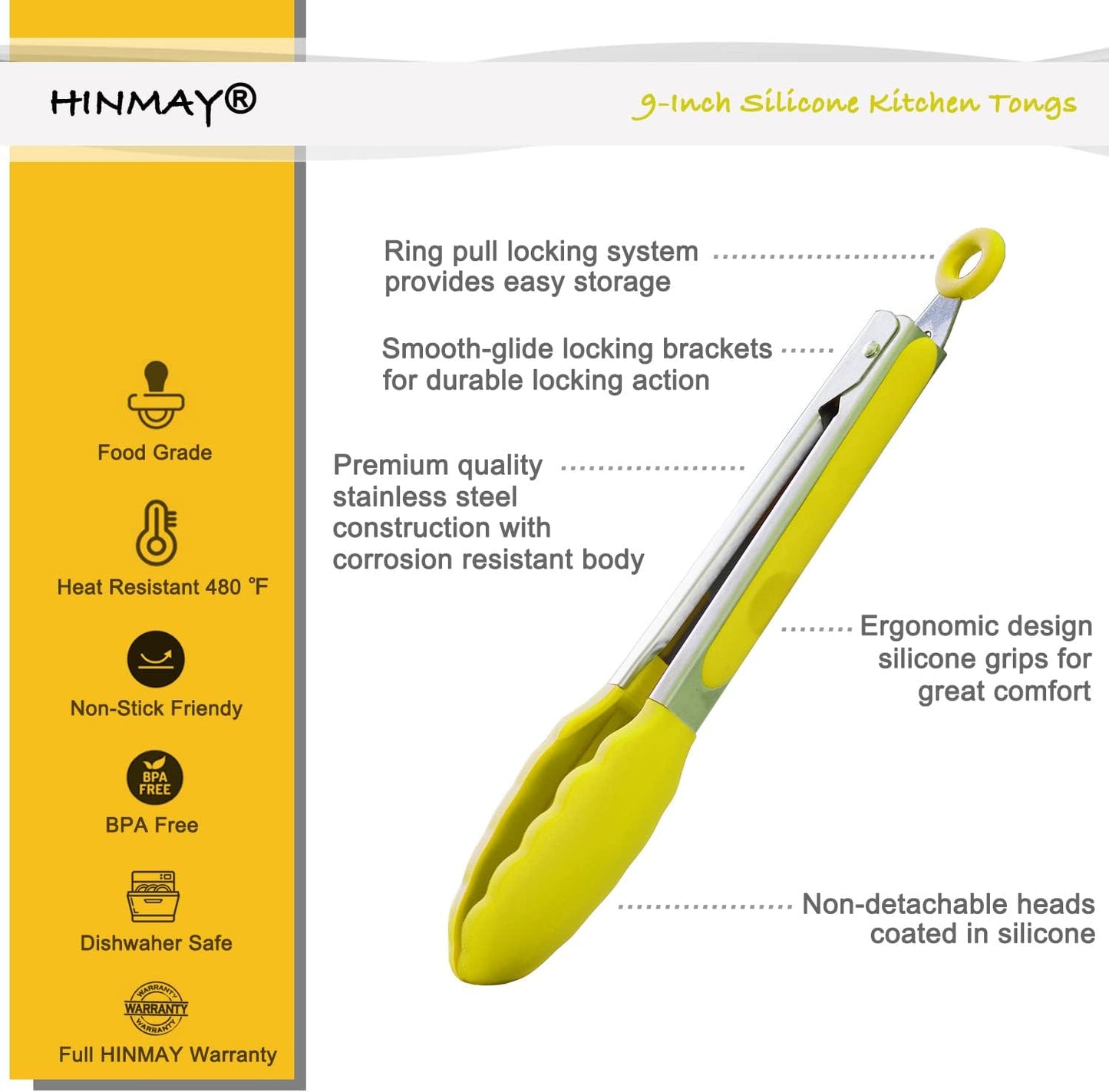 HINMAY Serving Tongs 9-Inch Cooking Tongs with Silicone Tips, Set of 3 (Black)