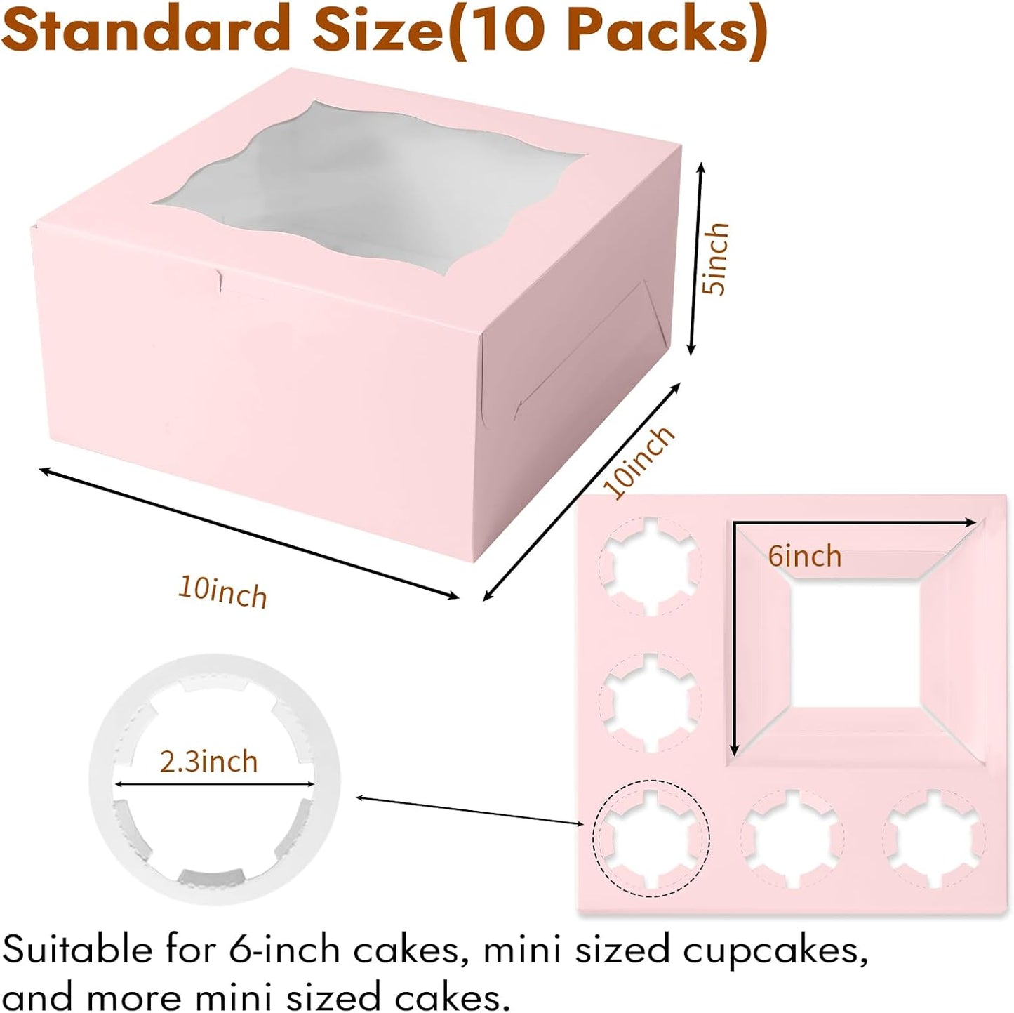 10 Packs Bento Cake and Cupcake Box 3 Holes Fit 2 Cupcakes and 1 Mini Cake Box with Clear Window and Stickers for Cake Cupcake Cookie or Easter and Mother’Day. (1+2/10pcs)