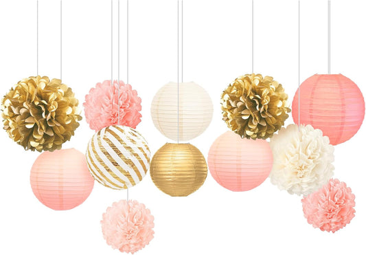 AOBKIAT Birthday Party Decorations Set for Girls Women,12PCS Pink Gold Tissue Paper Pom Poms Lanterns Flowers,for Engagement,Wedding,Baby Shower,Bridal Shower,Girl Party
