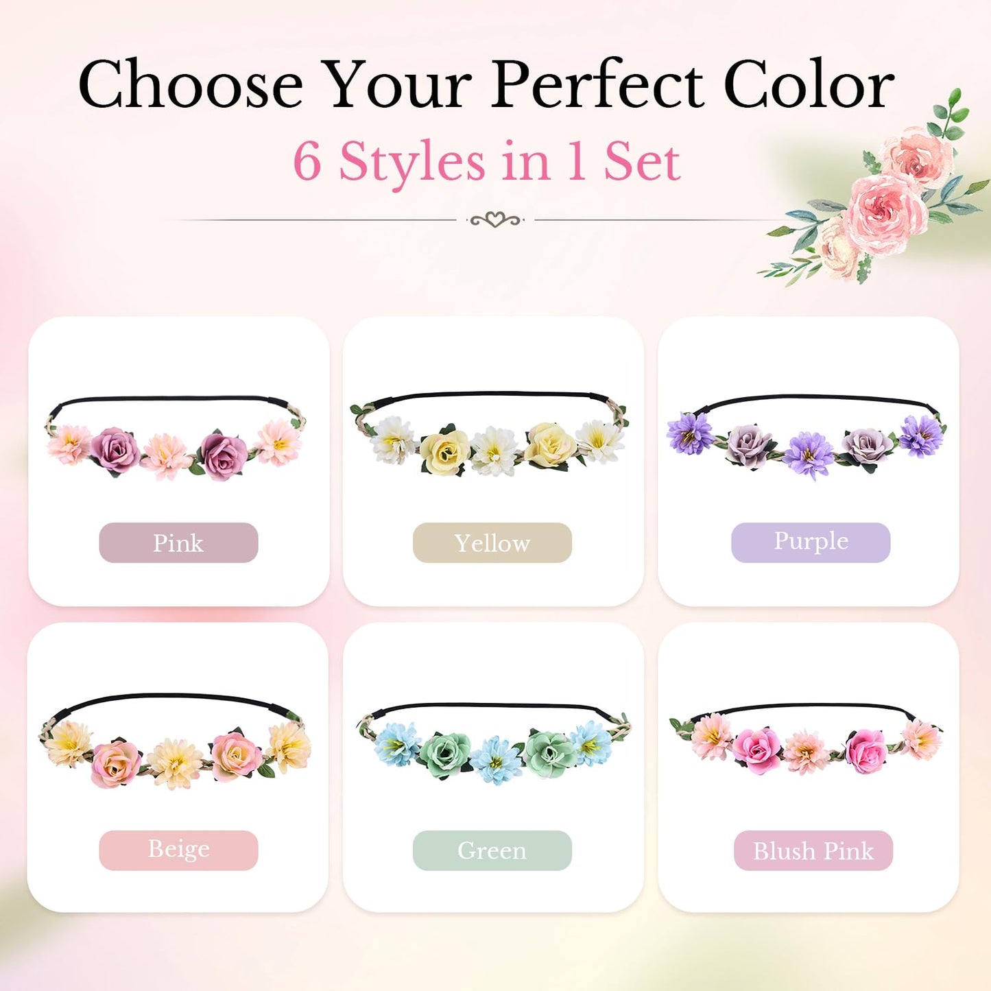 Women Headpieces Collection Accessories - 6 PCS Boho Hair Wreaths, Flower Crowns, Tiaras for , Brides, Bridesmaids, Flower Girls, Weddings