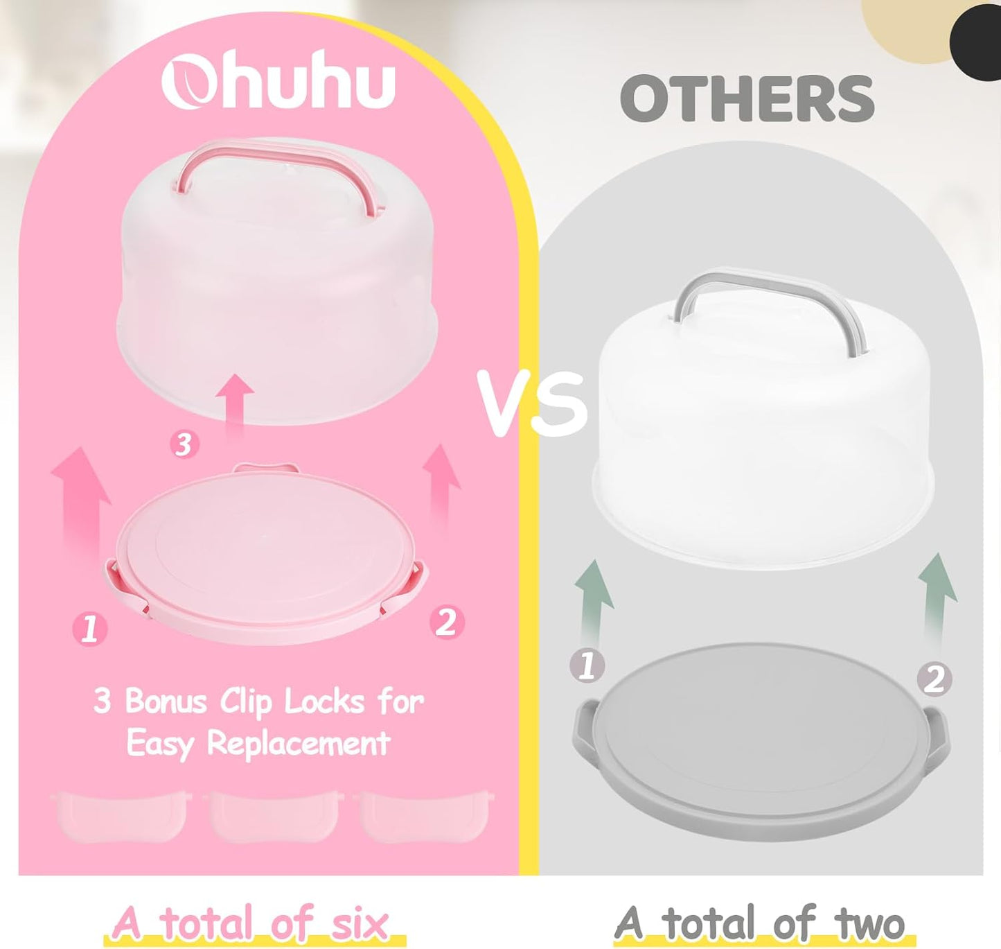 Cake Carrier with Lid and Handle, Ohuhu BPA-Free Cake Containers Cake Holder for 10 inch Cake with 2 Handle Cupcake Carrier - Plastic Cover Two Sided Base for Transport Pie Nut Fruit Mothers Day Gifts