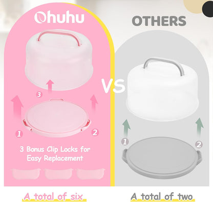 Cake Carrier with Lid and Handle, Ohuhu BPA-Free Cake Containers Cake Holder for 10 inch Cake with 2 Handle Cupcake Carrier - Plastic Cover Two Sided Base for Transport Pie Nut Fruit Mothers Day Gifts