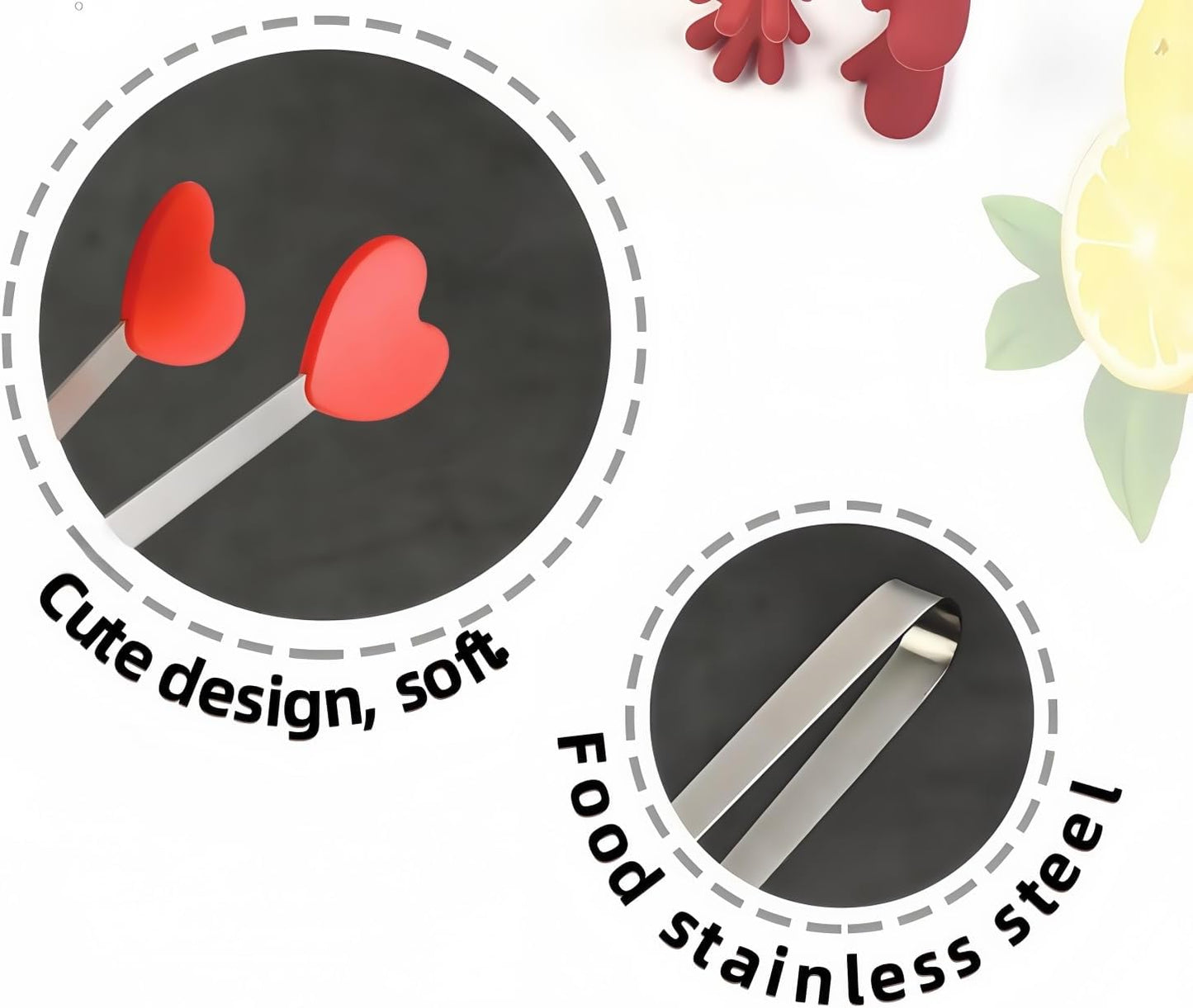 8PCS Mini Food Tongs, Small Stainless Steel Tongs with Silicone Tips, for Ice Cube, fruits, Sugar, Barbecue, 5.3 inch，8 Colors (Heart shape)