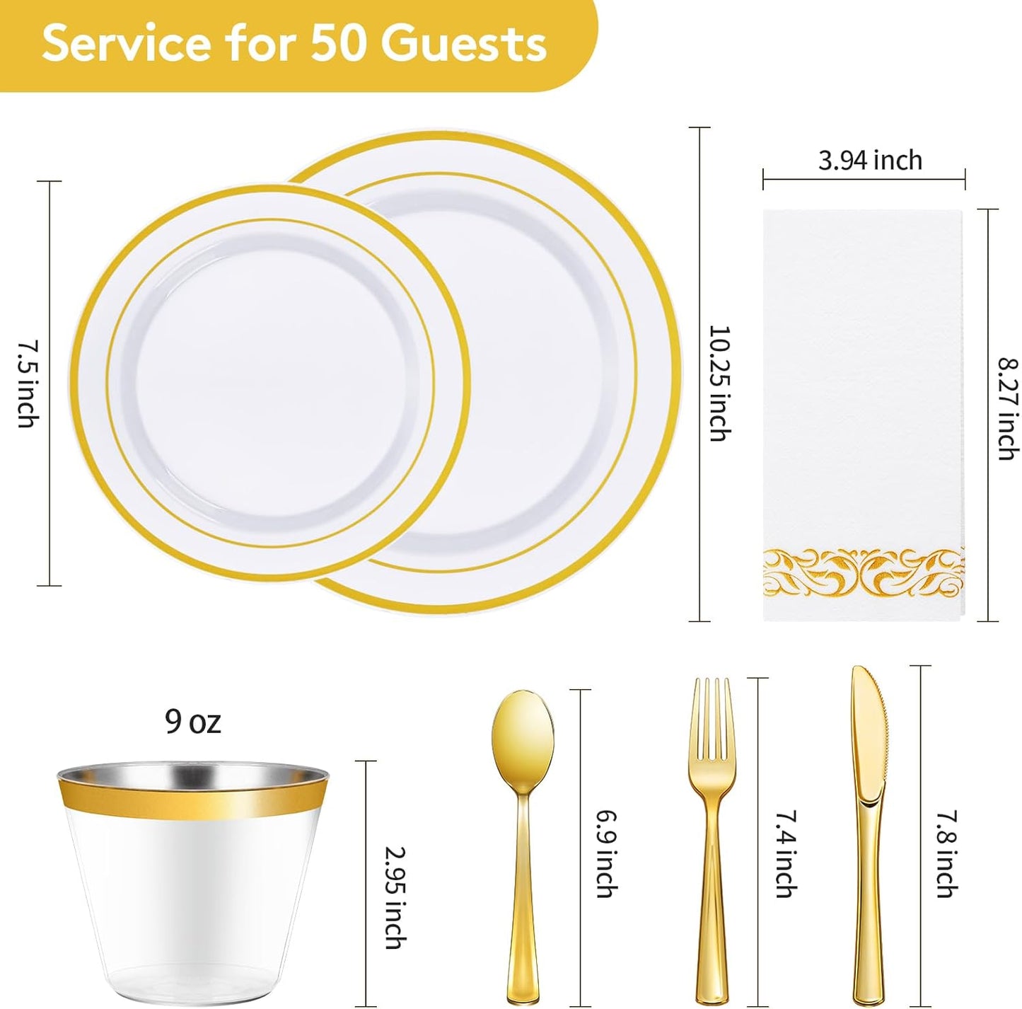 Goodluck 350 Pieces Gold Dinnerware Set for 50 Guests, Plastic Plates Disposable for Party, Include: 50 Gold Rim Dinner Plates, 50 Dessert Plates, 50 Paper Napkins, 50 Cups, 50 Gold Silverware Set