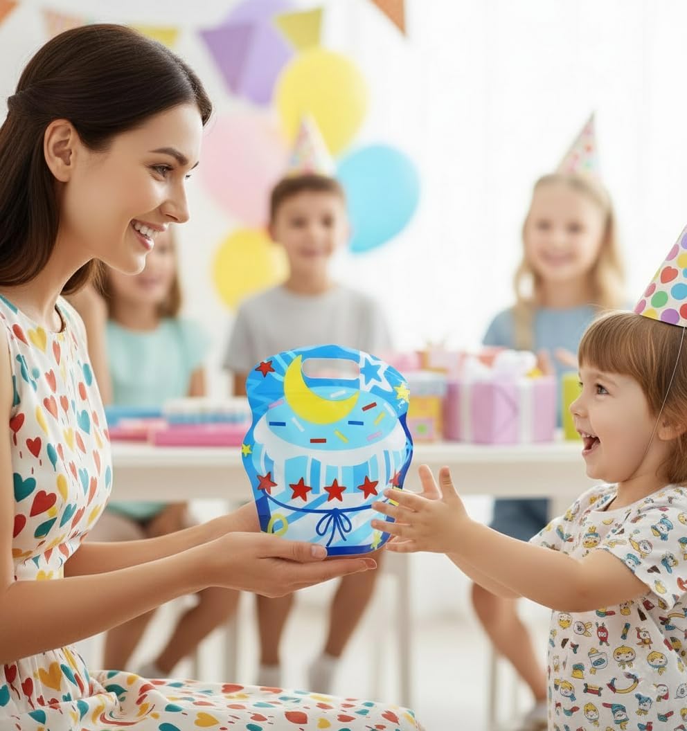 SUNCOLOR Birthday Party Favor Bags, 32 Pack Goodie Bags with Handles, 9.8 x6.7 inches, Pink Blue Yellow White Gift Bags for Kids Parties, Celebrations