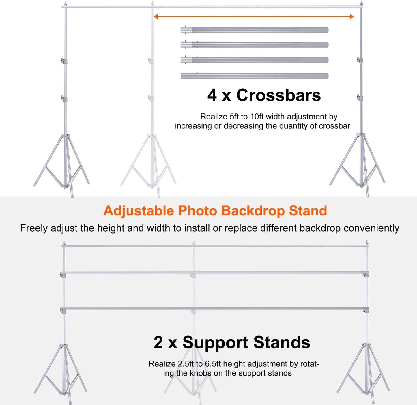 10ft Adjustable Backdrop Stand Kit, Heavy-Duty Photography Background Support System with Clamps & Carry Bag, Photo Video Studio Backdrop Stand for Parties, Weddings, Green Screen & Banner Display