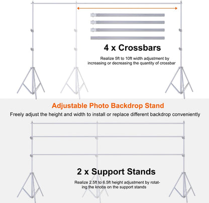 10ft Adjustable Backdrop Stand Kit, Heavy-Duty Photography Background Support System with Clamps & Carry Bag, Photo Video Studio Backdrop Stand for Parties, Weddings, Green Screen & Banner Display