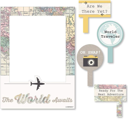 Big Dot of Happiness World Awaits - Travel Themed Party Selfie Photo Booth Picture Frame & Props - Printed on Sturdy Material