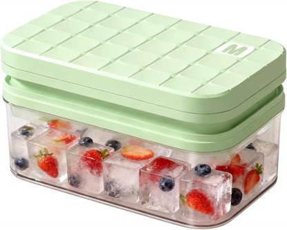 Compact Ice Cube Tray with Lid and Bin, Mini Press-Type Ice Cube Maker for Freezer, Space-Saving Small Ice Bucket with Tongs for RV, Office, Mini Ice Cube Trays & Water Bottles, BPA-Free (Green)