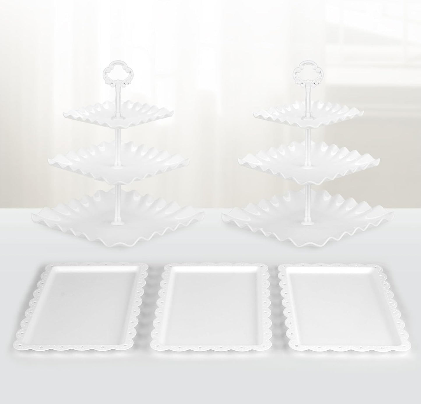 NWK 5 Piece Cake Stand Set with 2 x Large 3-Tier Cupcake Stands, 3 x Appetizer Trays, for Wedding Birthday Baby Shower Tea Party Decorations (White)