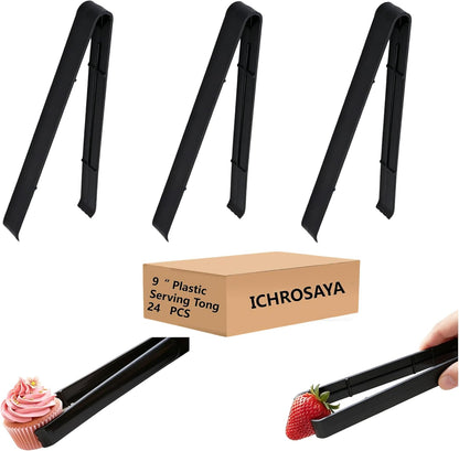 Serving Tongs 24 Pack, Plastic Disposable Salad Tongs for Buffets BBQ Party Event Catering, 9 Inch Food Safe Bulk Reusable Kitchen Utensils (24, Black)