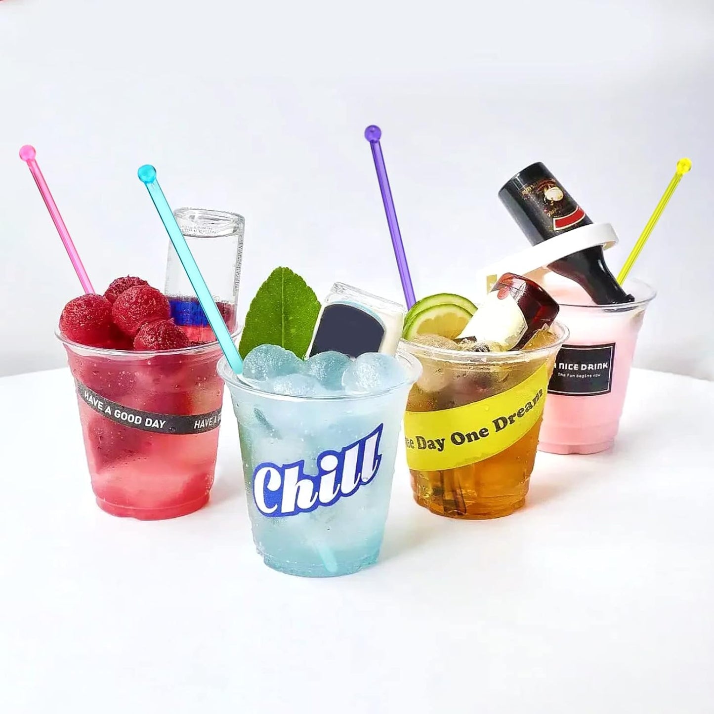hapray 100-PCS 5 Colol Plastic Swizzle Sticks, Crystal Cake Pops, Cocktail Coffee Drink Stirrers, Stir Sticks, 7.24 Inch (Pink, Yellow, Blue, Purple, Green)