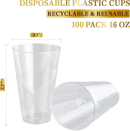 FOCUSLINE 100 Pack 14 oz Clear Plastic Cups, Disposable Cups Large Reusable Plastic Tumblers, Heavy-duty Clear Cups 14 Ounce for Wedding Party, Thanksgiving, Halloween, Christmas