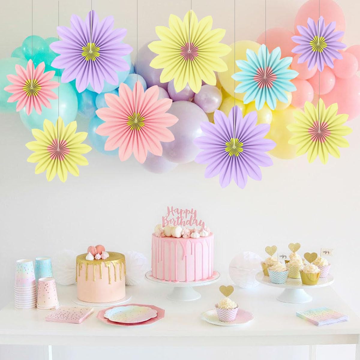 Party Hanging Paper Fans Decoration Set for Wedding Birthday Party Mother's Day Round Events Accessories Set of 8