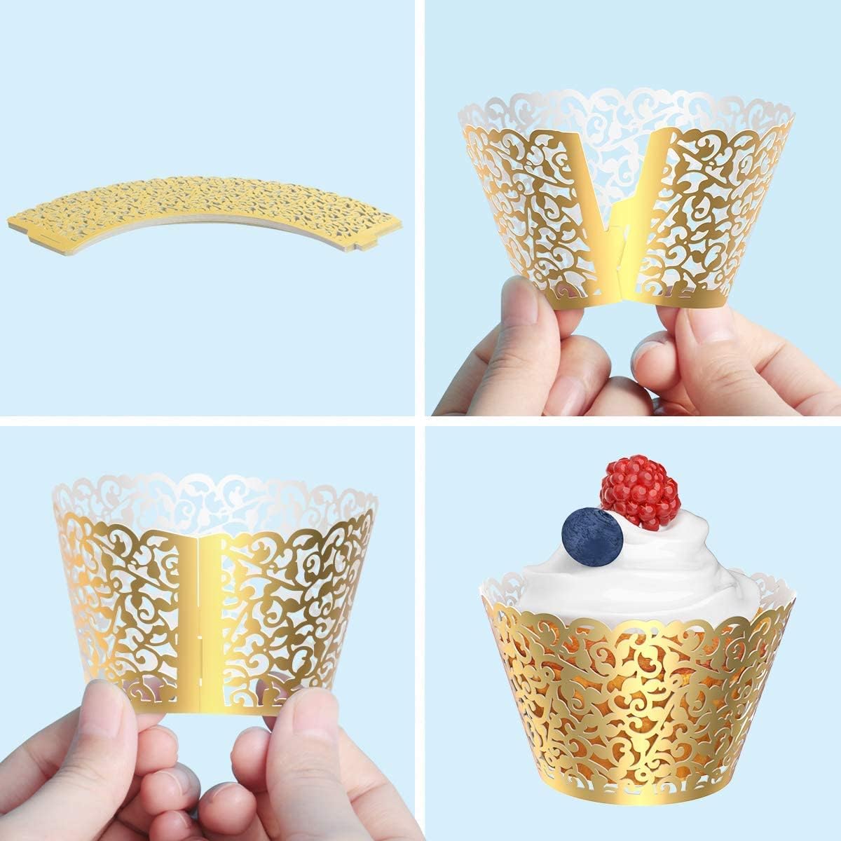 50 Pcs White Pearl Lace Laser Cut Filigree Wedding Cupcake Wrapper Baking Cake Cups Wraps Cupcake Muffin Case Trays for Special Occasions