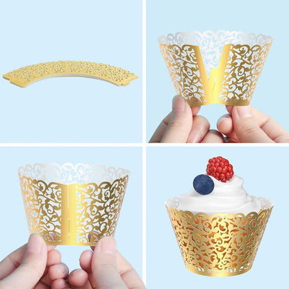 50 Pcs White Pearl Lace Laser Cut Filigree Wedding Cupcake Wrapper Baking Cake Cups Wraps Cupcake Muffin Case Trays for Special Occasions
