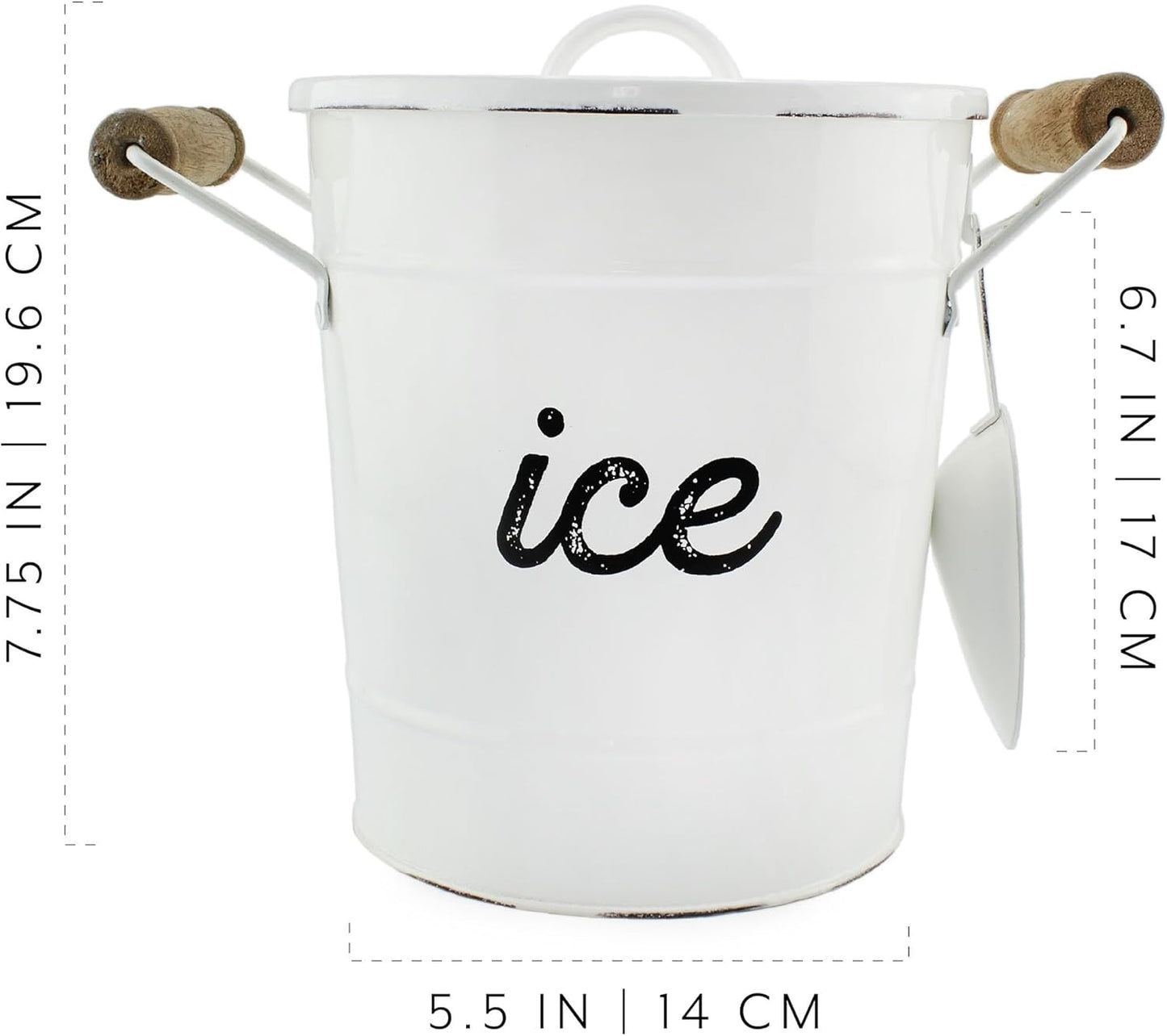 AuldHome Design Rustic Enamelware Ice Bucket; White Farmhouse Style Insulated Ice Server