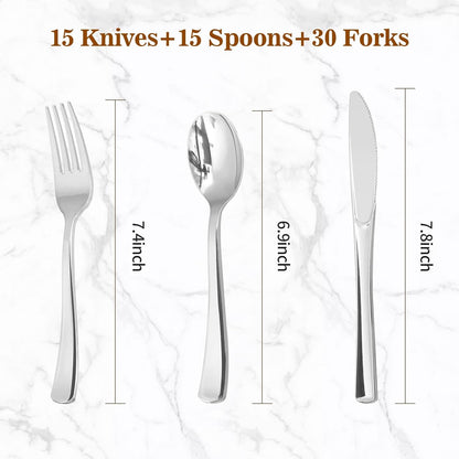 BESTVIP 60PCS Gold Plastic Silverware, Disposable Utensils, Heavy Duty Cutlery Set of 30 Forks, 15 Spoons, 15 Knives for Party, Christmas, Wedding, Catering and Daily Use