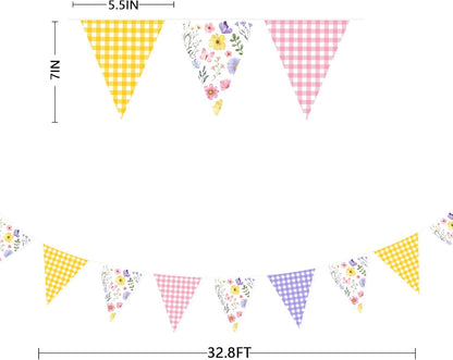 32Ft Dusty Blue Party Decorations Retro Blue Gingham Triangle Banner Flag Pennant Fabric Garland Streamers for Nautical Wedding Birthday Ahoy Achor Bridal Baby Shower Under The Sea Decor Supplies