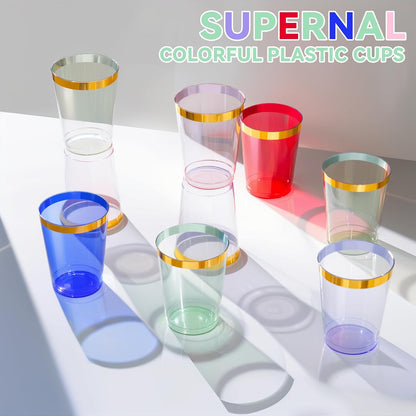 supernal 100pcs Gold Plastic Cups 12 oz, Glitter Clear Disposable Cups Heavy Duty, Fancy Plastic Cocktail Tumblers for Wedding, Parties Champagne & Mixed Drinks