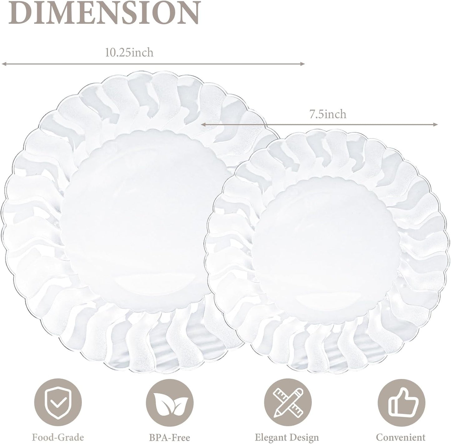 Lullaby 60PCS Ivory Scalloped Plastic Plates with Gold Rim, Disposable Elegant Plates Include 30pcs Dinner Plate 10.25", 30pcs Plastic Dessert Plate 7.5", Perfect for Wedding and Party
