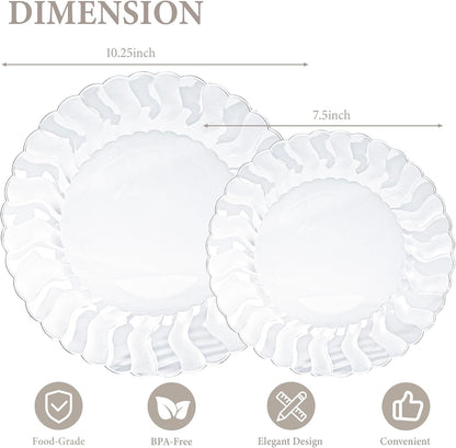Lullaby 60PCS Ivory Scalloped Plastic Plates with Gold Rim, Disposable Elegant Plates Include 30pcs Dinner Plate 10.25", 30pcs Plastic Dessert Plate 7.5", Perfect for Wedding and Party