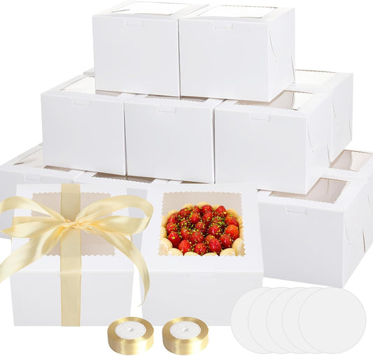Retainbre 40pcs 6x6x5 Inch Mini Cake Boxes with Cake Boards Small Bakery Boxes with Window 6 Inch Bento Cake Box for Cookie Pastry Wedding Birthday Party Christmas (20 Boxes and 20 Boards, White)